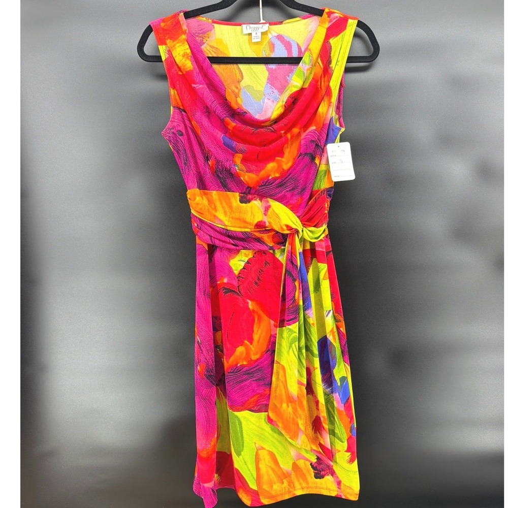 Maggy L Womens 4 Floral Dress Cowl Neck Tie Waist Sleeveless Stretch Midi